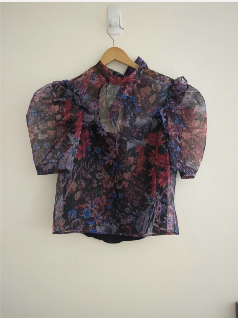 Maeve Sheer Floral Tie-Neck Blouse in Black and Red